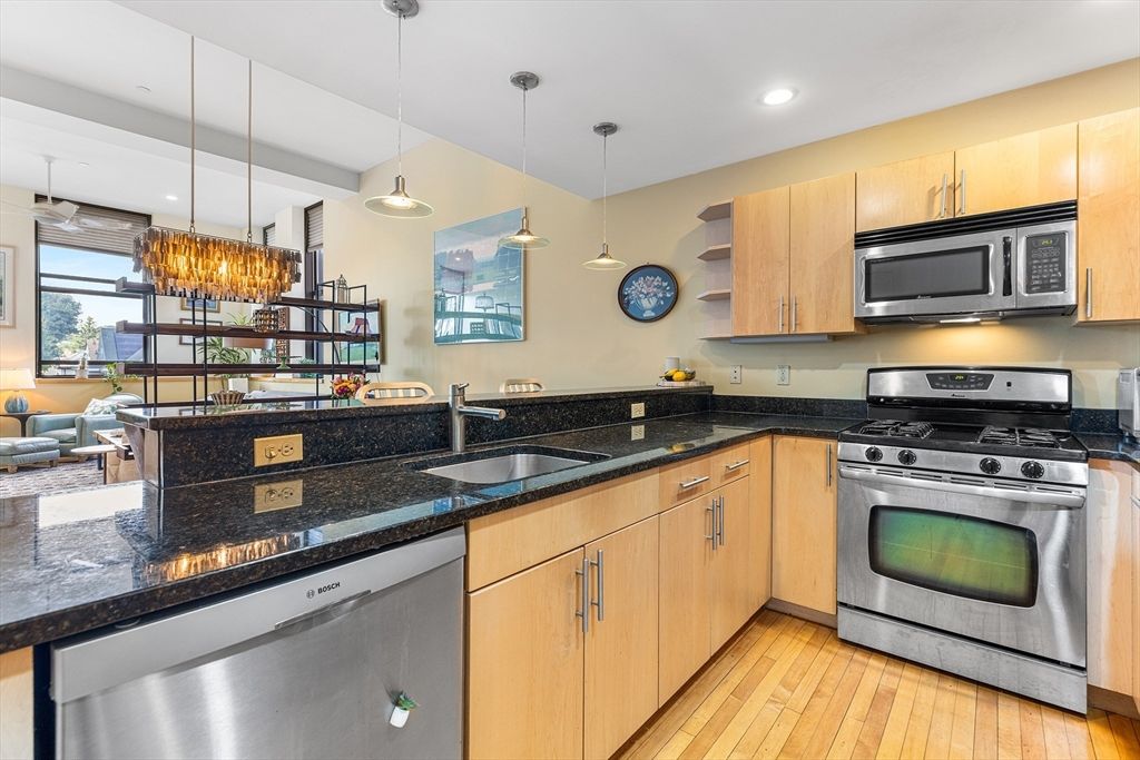 Chandelier, Interior, Kitchen, Pendant Lights, Recessed Lighting, Stainless Steel Appliances, Wood Texture Flooring