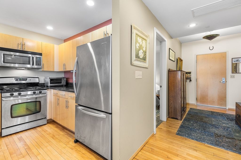 Interior, Kitchen, Recessed Lighting, Stainless Steel Appliances, Wood Texture Flooring