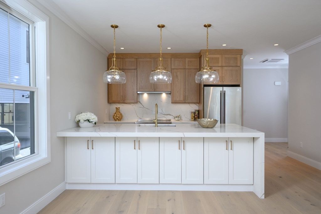 Interior, Kitchen, Pendant Lights, Recessed Lighting, Stainless Steel Appliances, Wood Texture Flooring