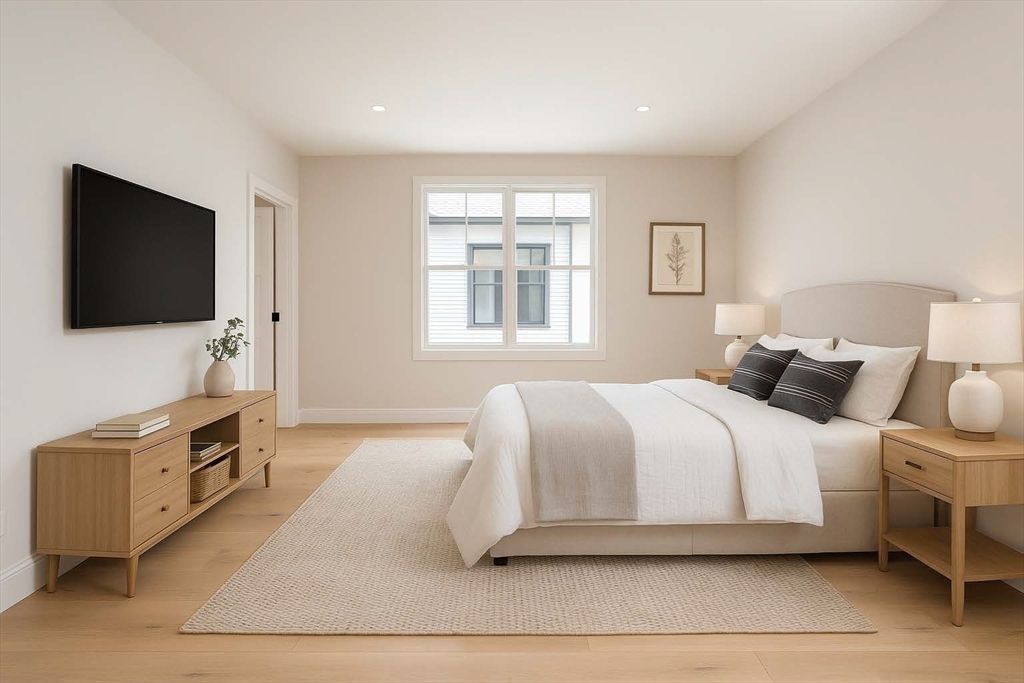 Bedroom, Interior, Recessed Lighting, Wood Texture Flooring