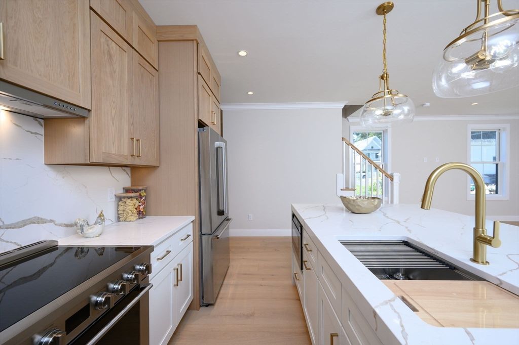Interior, Kitchen, Pendant Lights, Recessed Lighting, Stainless Steel Appliances, Wood Texture Flooring