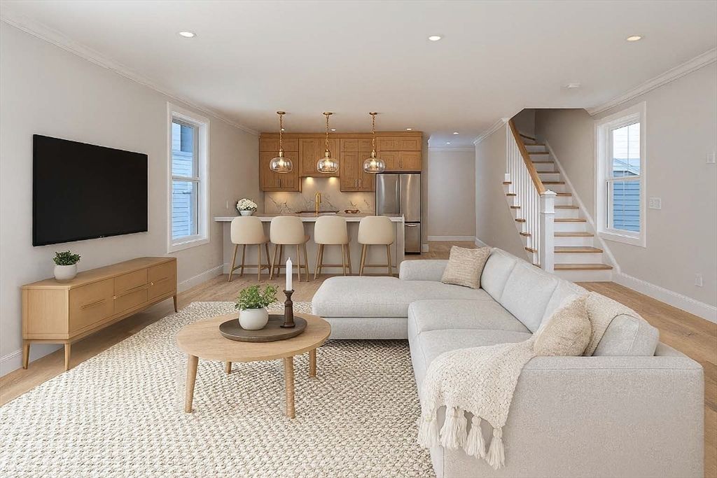 Interior, Kitchen, Living room, Pendant Lights, Recessed Lighting, Stainless Steel Appliances, Wood Texture Flooring