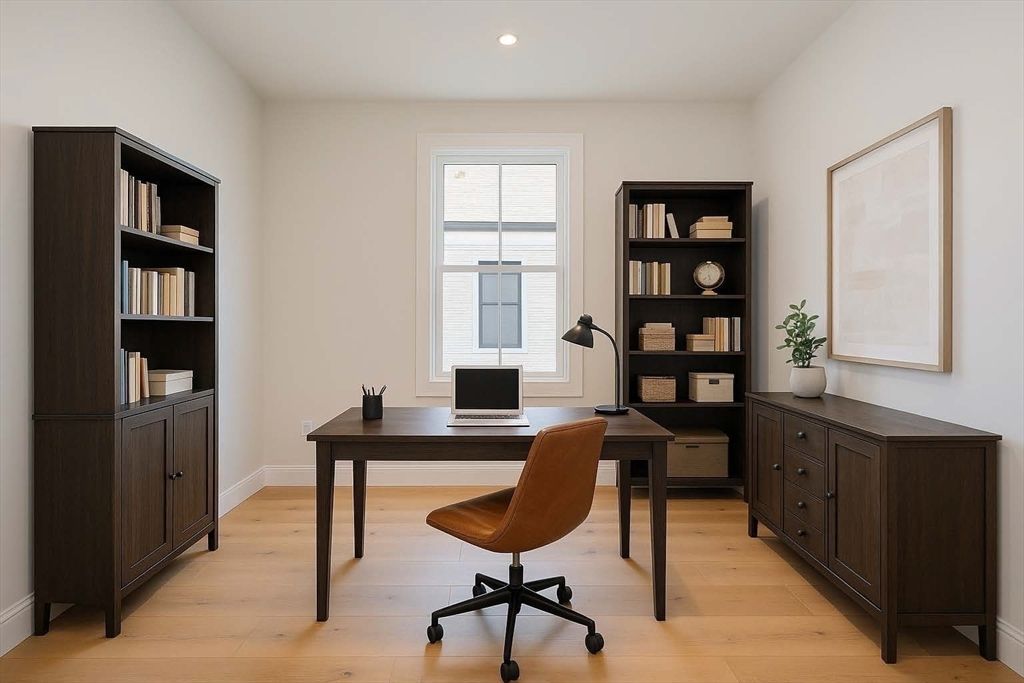 Home Office, Interior, Recessed Lighting, Wood Texture Flooring