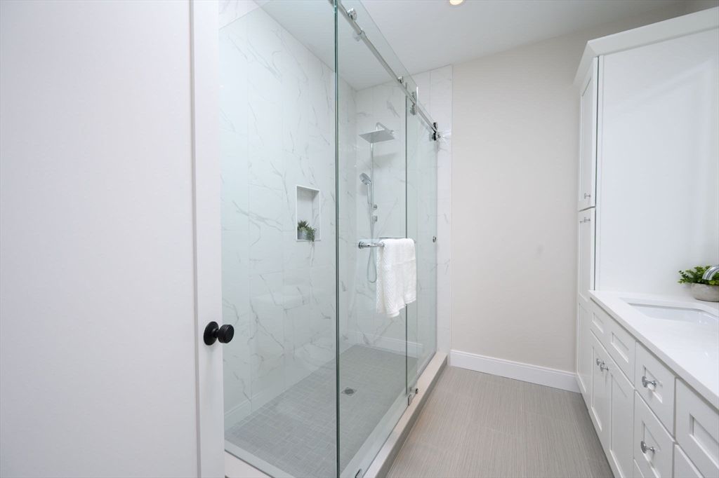Bathroom, Glass Shower, Interior, Marble Walls, Recessed Lighting