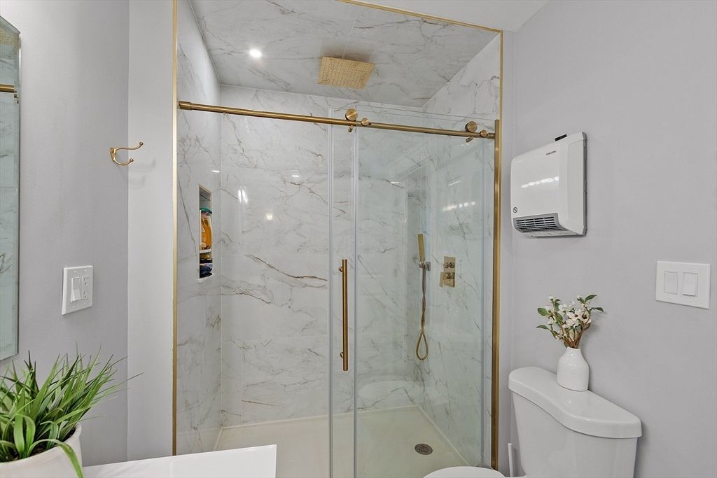 Bathroom, Glass Shower, Interior, Marble Walls, Recessed Lighting