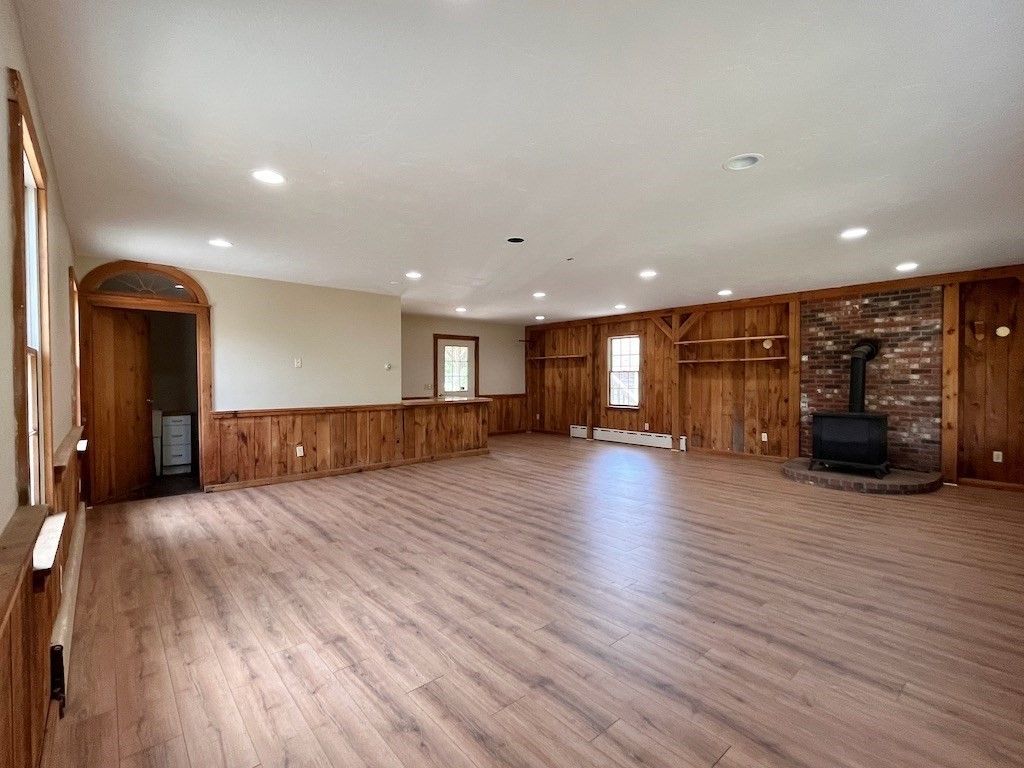Empty room, Interior, Recessed Lighting, Stone Walls, Wood Texture Flooring