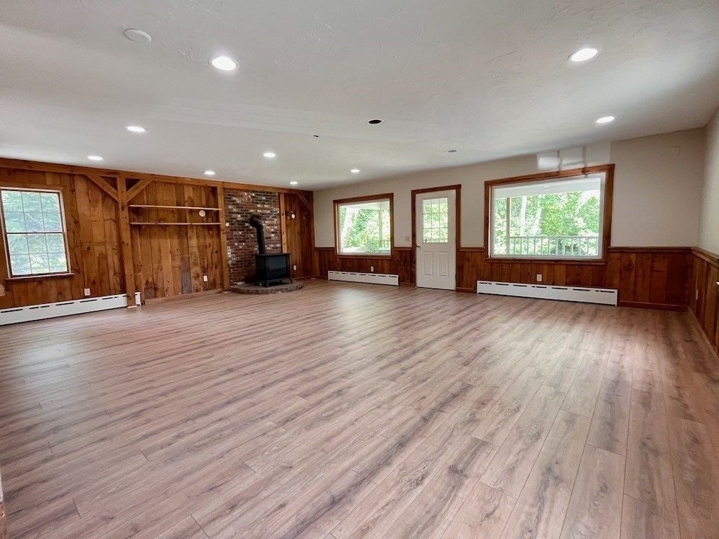 Empty room, Interior, Recessed Lighting, Stone Walls, Wood Texture Flooring, Wooden Walls