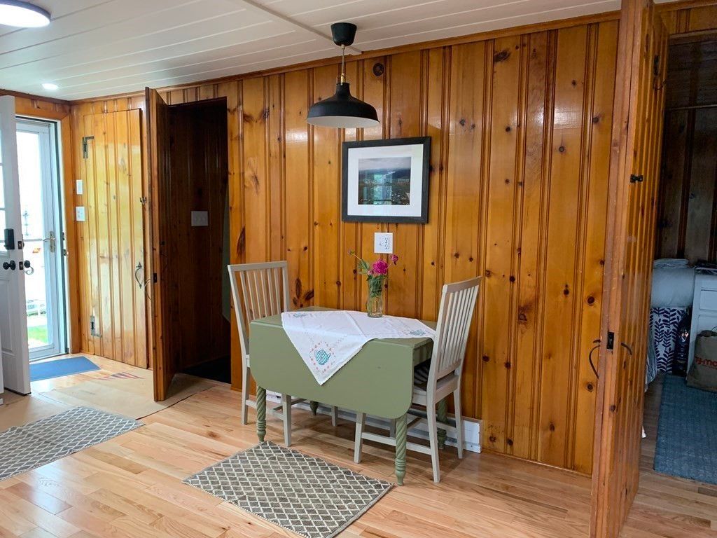 Dining room, Interior, Pendant Lights, Wood Texture Flooring, Wooden Walls