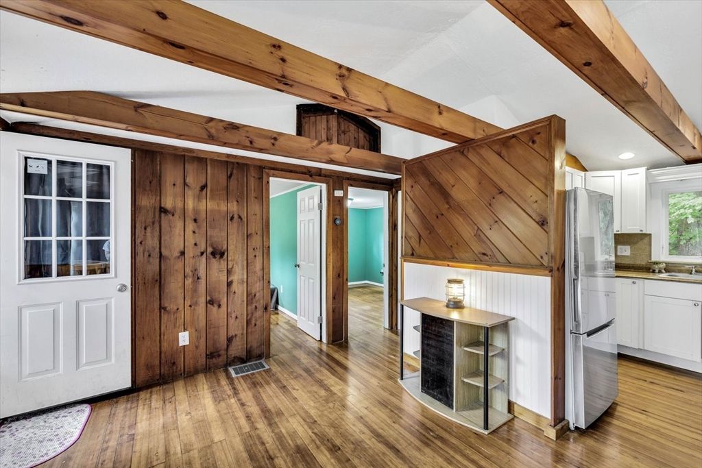 Interior, Kitchen, Recessed Lighting, Wooden Beams, Wood Texture Flooring, Wooden Walls