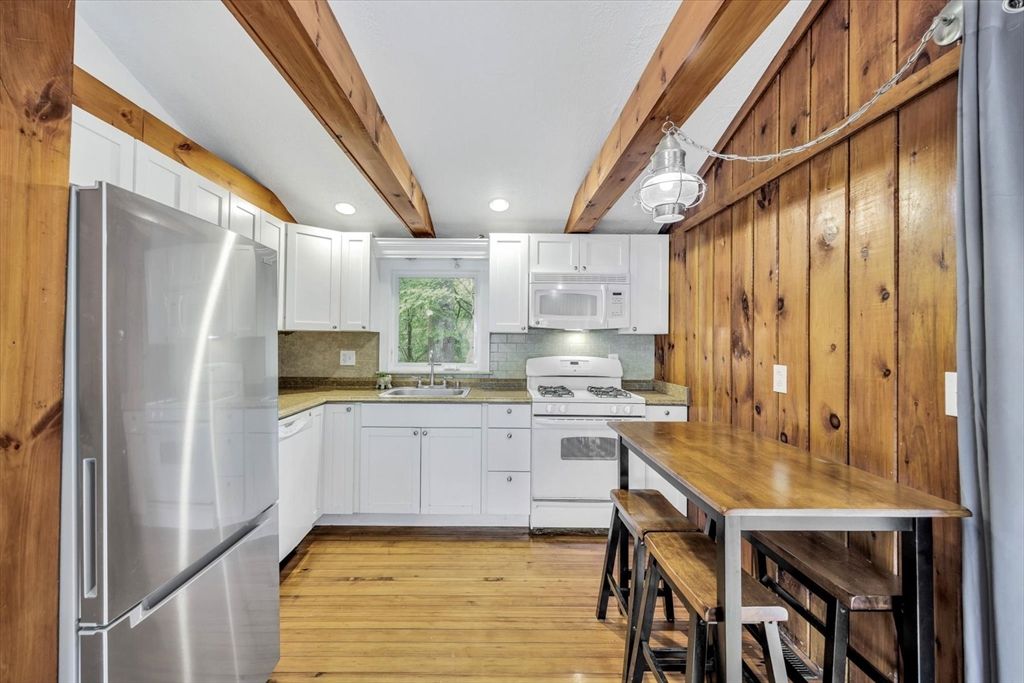 Interior, Kitchen, Recessed Lighting, Wooden Beams, Wood Texture Flooring, Wooden Walls