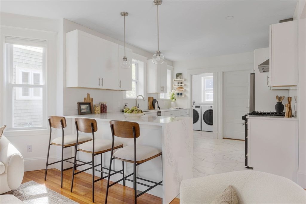 Interior, Kitchen, Marble, Pendant Lights, Washer, Wood Texture Flooring