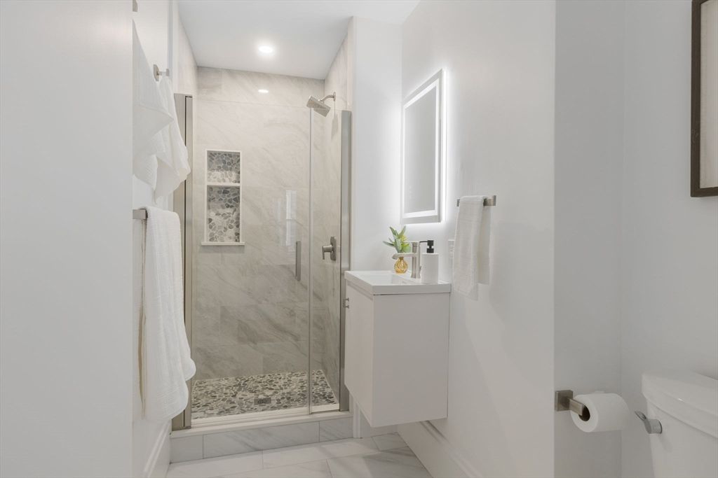 Bathroom, Glass Shower, Interior, Marble, Marble Walls, Recessed Lighting
