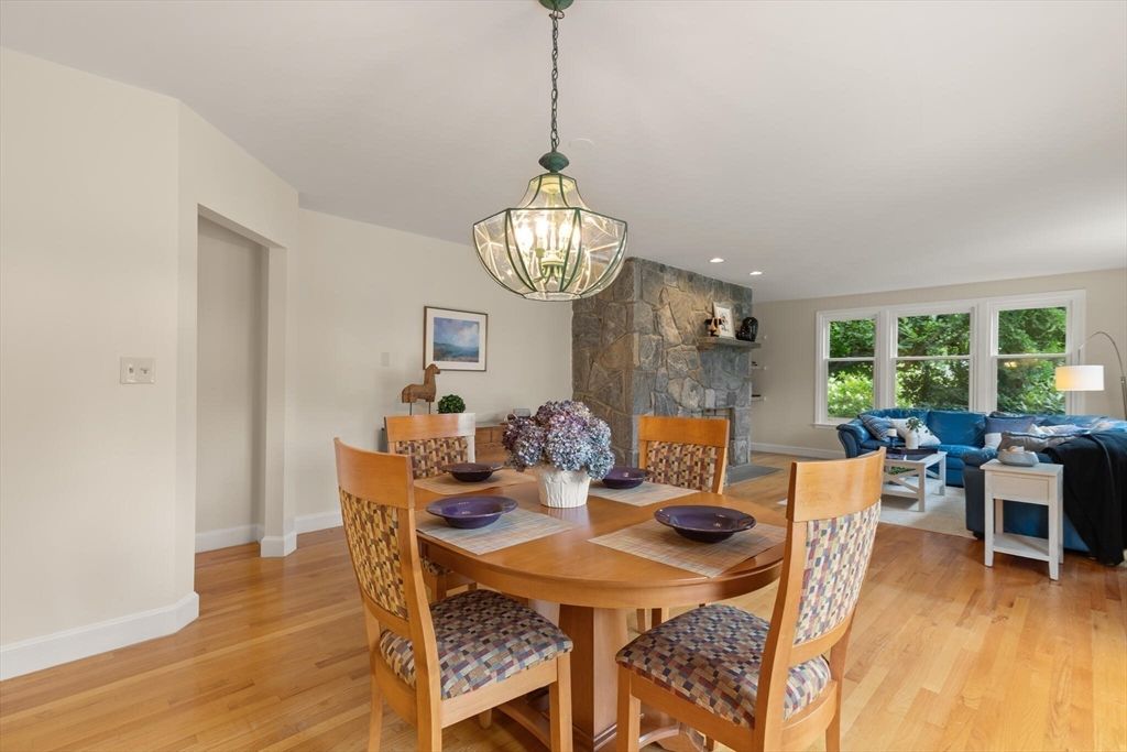 Dining room, Fireplace, Interior, Living room, Pendant Lights, Recessed Lighting, Stone Walls, Wood Texture Flooring