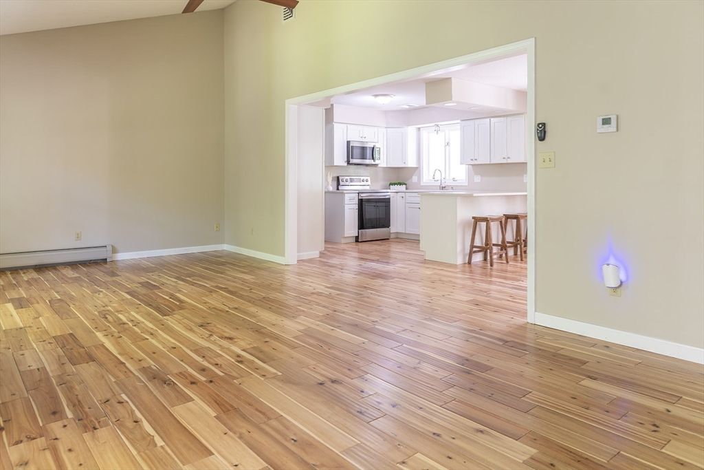 Empty room, Interior, Kitchen, Stainless Steel Appliances, Wood Texture Flooring