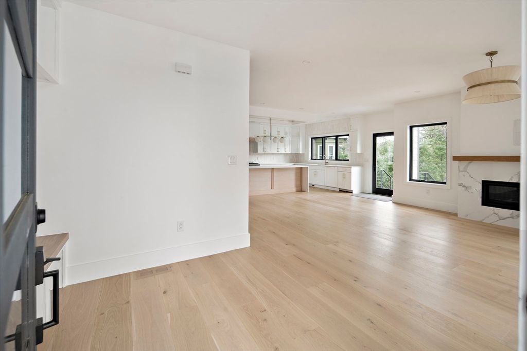 Empty room, Fireplace, Interior, Pendant Lights, Wood Texture Flooring