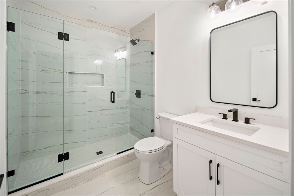Bathroom, Glass Shower, Interior, Marble, Marble Walls, Recessed Lighting