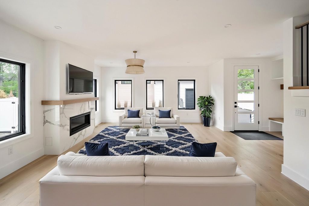 Fireplace, Interior, Living room, Pendant Lights, Recessed Lighting, Wood Texture Flooring