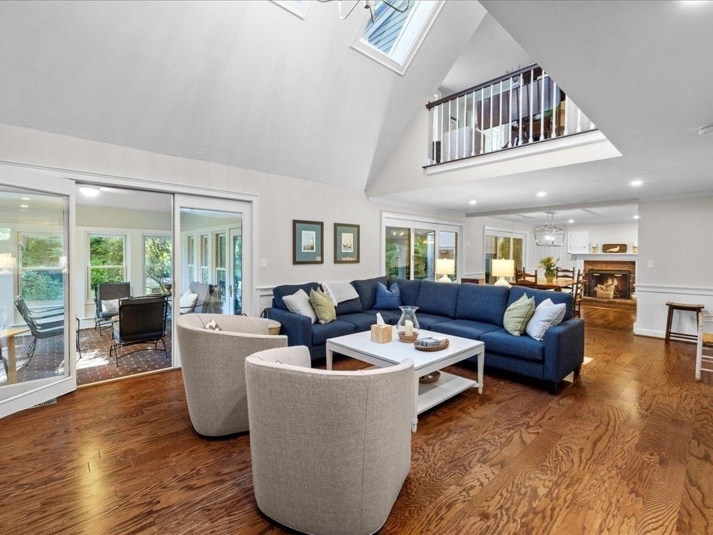 Dining room, Fireplace, Interior, Living room, Pendant Lights, Recessed Lighting, Wood Texture Flooring
