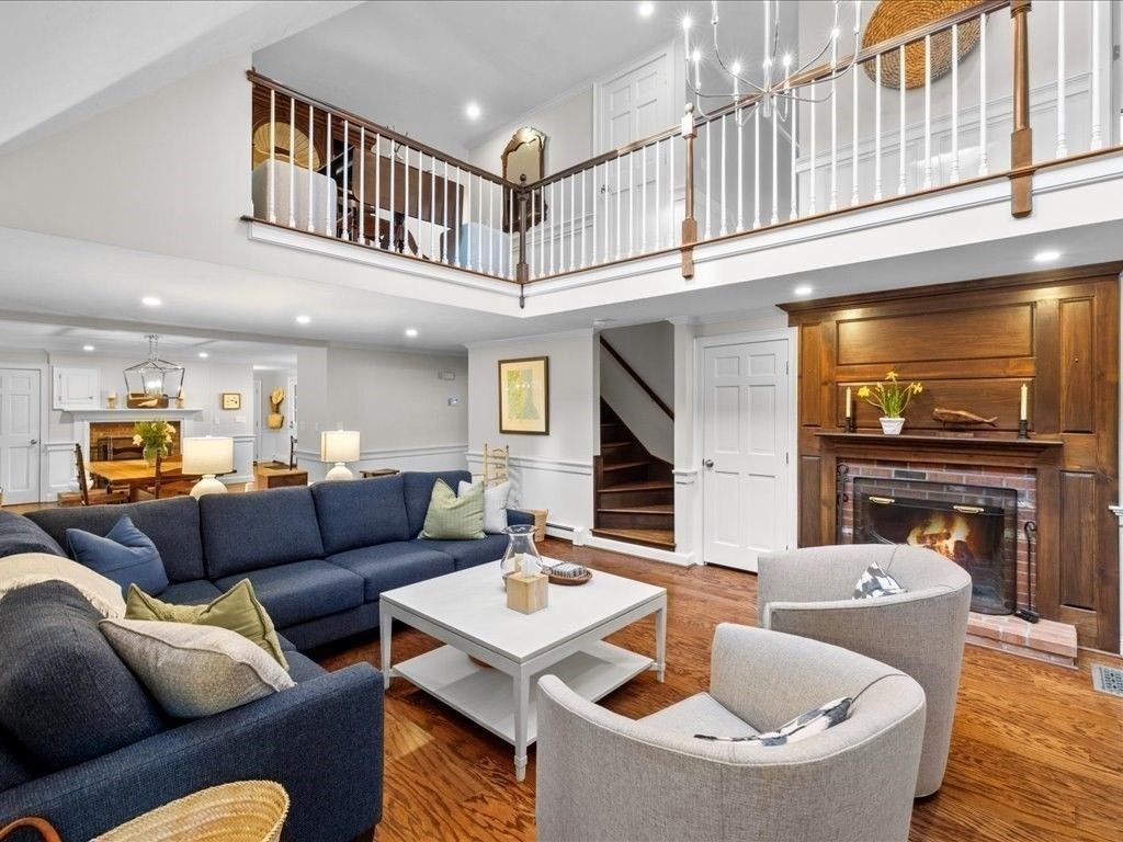 Dining room, Fireplace, Interior, Living room, Recessed Lighting, Wood Texture Flooring