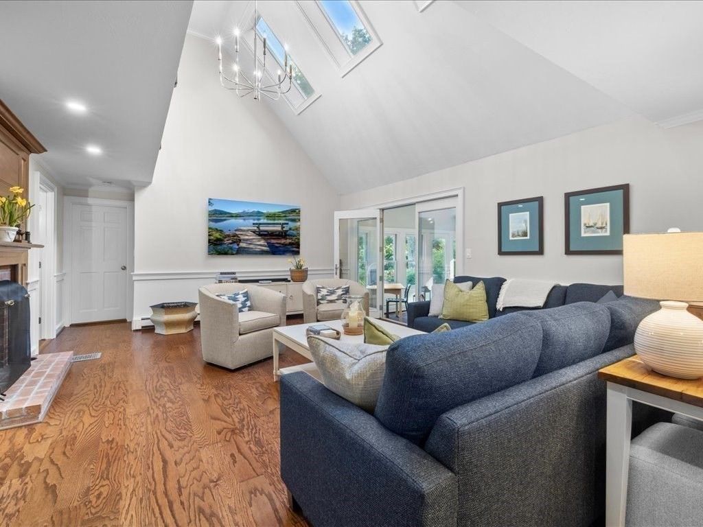 Chandelier, Fireplace, Interior, Living room, Recessed Lighting, Wood Texture Flooring