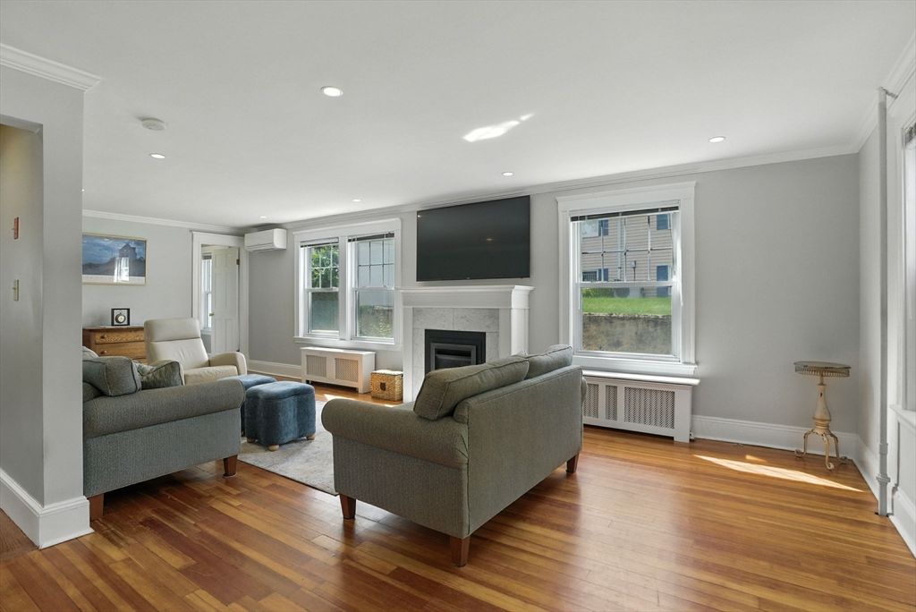 Fireplace, Interior, Living room, Recessed Lighting, Wood Texture Flooring