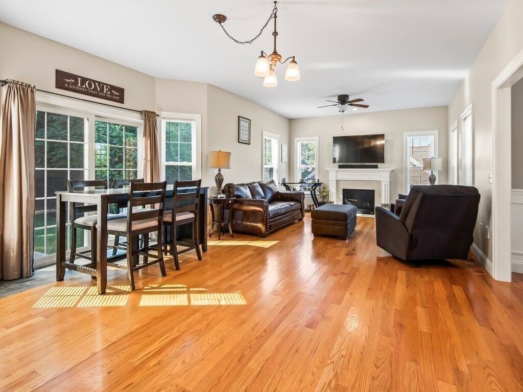 Dining room, Fireplace, Interior, Living room, Pendant Lights, Wood Texture Flooring