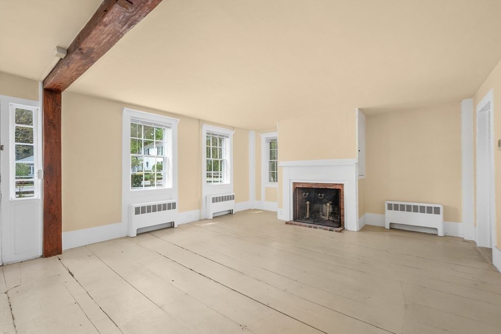 Empty room, Fireplace, Interior, Wooden Beams, Wood Texture Flooring