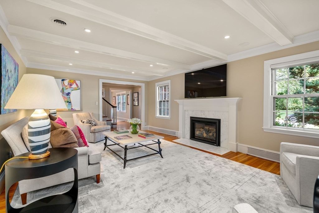 Fireplace, Interior, Living room, Recessed Lighting, Wood Texture Flooring