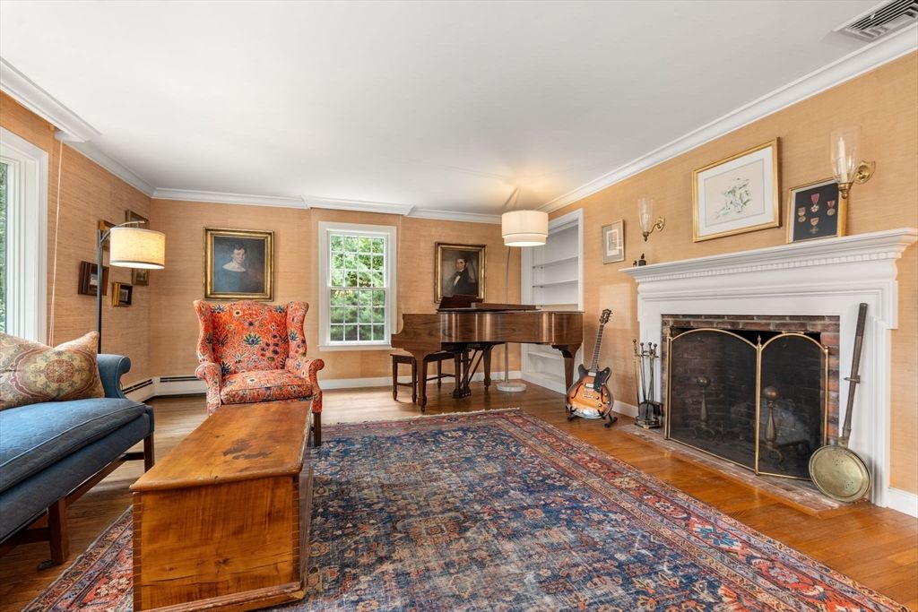 Fireplace, Interior, Living room, Piano, Wood Texture Flooring