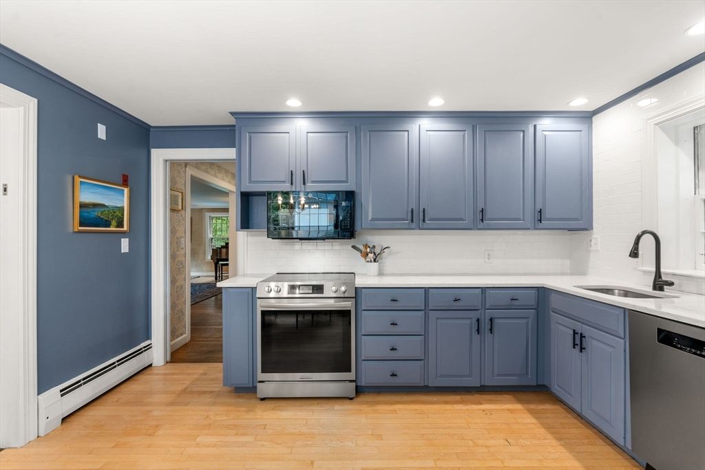 Interior, Kitchen, Pendant Lights, Recessed Lighting, Stainless Steel Appliances, Wood Texture Flooring