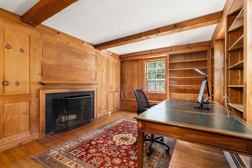 Fireplace, Home Office, Interior, Wooden Beams, Wood Texture Flooring, Wooden Walls