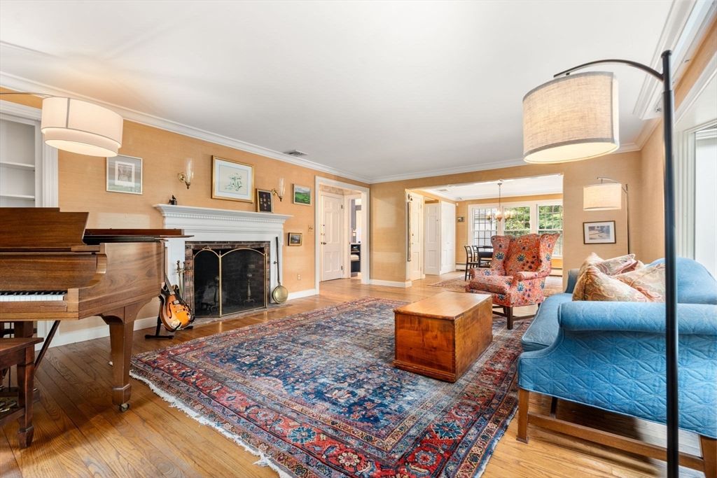 Fireplace, Interior, Living room, Pendant Lights, Piano, Wood Texture Flooring