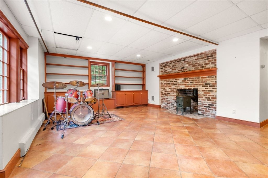Fireplace, Interior, Recessed Lighting, Stone Walls