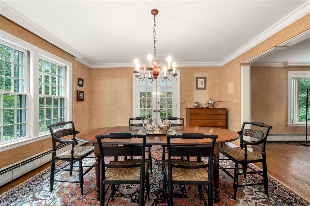 Chandelier, Dining room, Interior, Wood Texture Flooring