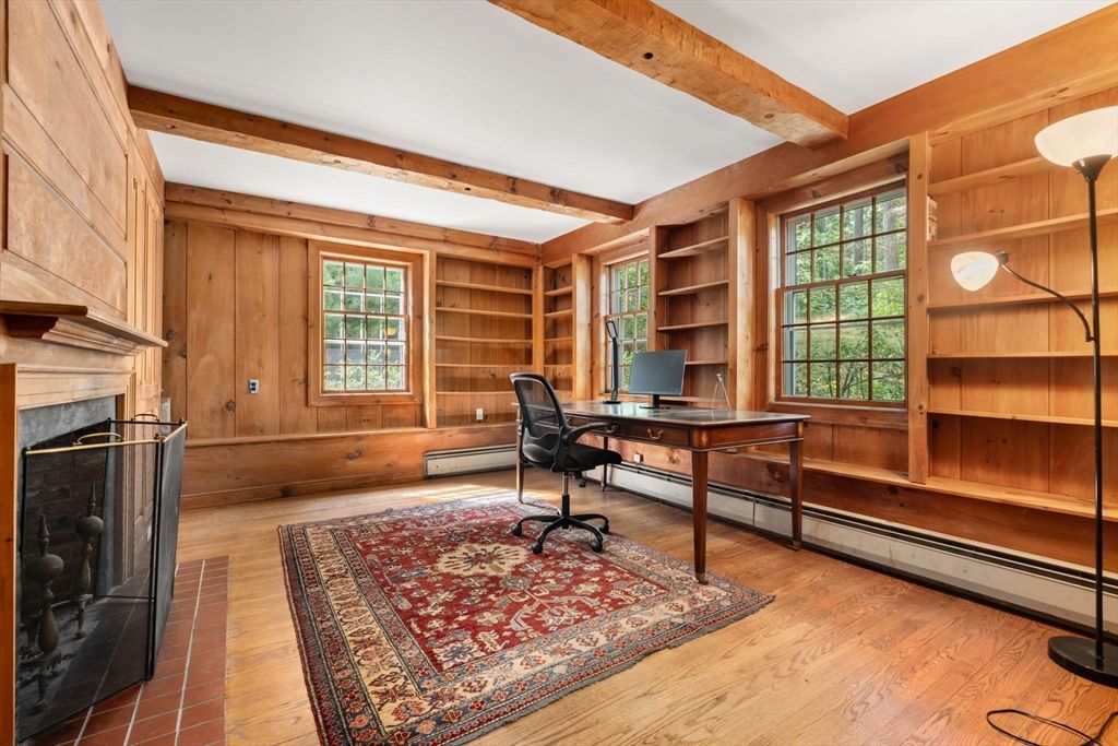 Fireplace, Home Office, Interior, Wooden Beams, Wood Texture Flooring, Wooden Walls