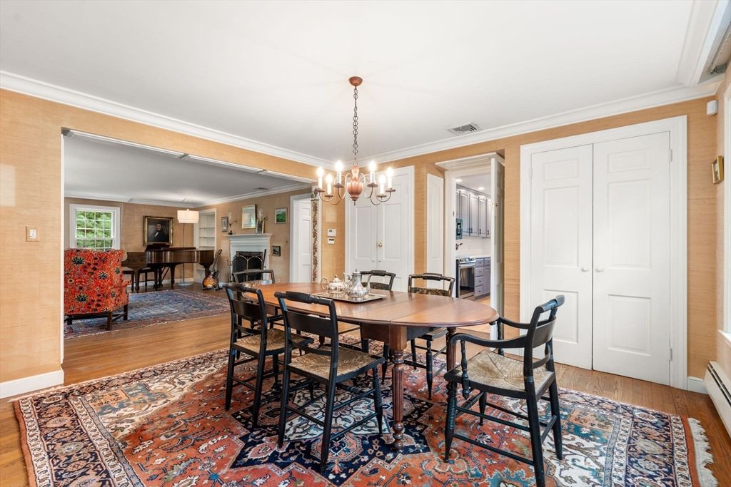 Chandelier, Dining room, Fireplace, Interior, Piano, Wood Texture Flooring