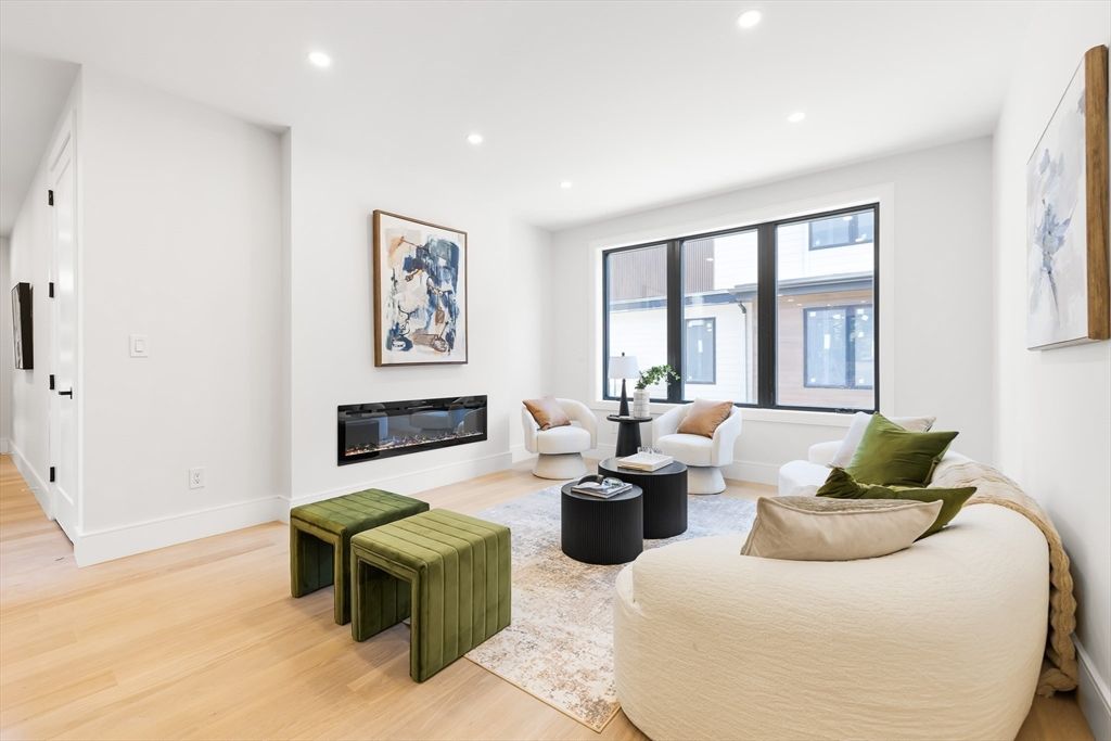 Fireplace, Interior, Living room, Recessed Lighting, Wood Texture Flooring