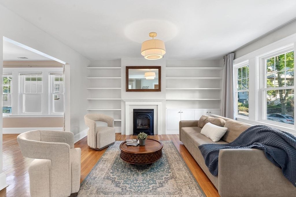 Fireplace, Interior, Living room, Pendant Lights, Wood Texture Flooring