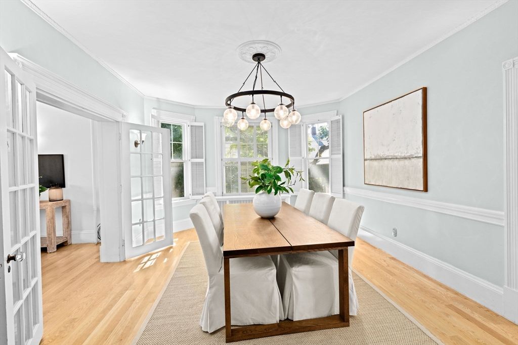 Dining room, Interior, Pendant Lights, Wood Texture Flooring