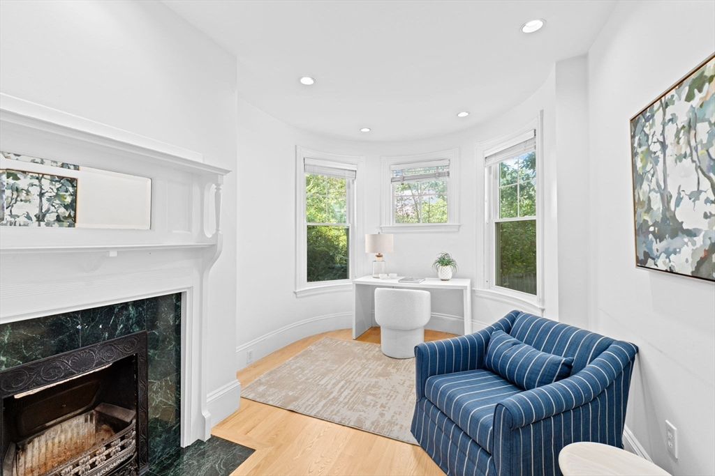 Fireplace, Home Office, Interior, Recessed Lighting, Wood Texture Flooring