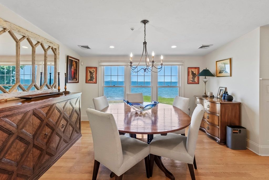 Chandelier, Dining room, Interior, Recessed Lighting, Water, Wood Texture Flooring