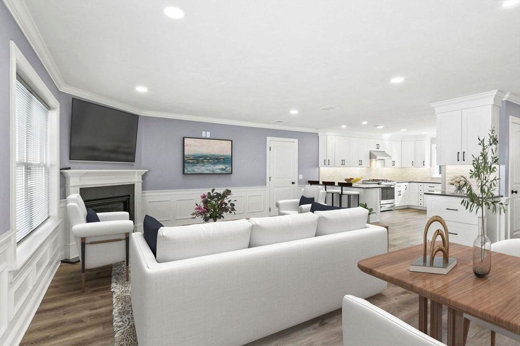 Fireplace, Interior, Kitchen, Living room, Recessed Lighting, Wood Texture Flooring