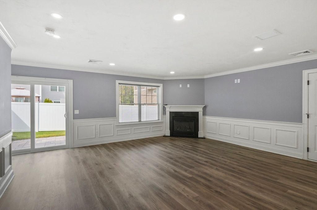 Empty room, Fireplace, Interior, Recessed Lighting, Wood Texture Flooring
