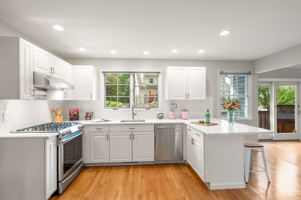 Interior, Kitchen, Recessed Lighting, Stainless Steel Appliances, Wood Texture Flooring