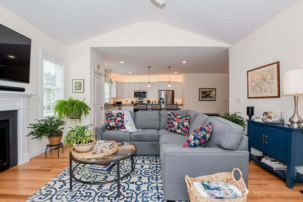 Fireplace, Interior, Kitchen, Living room, Pendant Lights, Recessed Lighting, Stainless Steel Appliances, Wood Texture Flooring