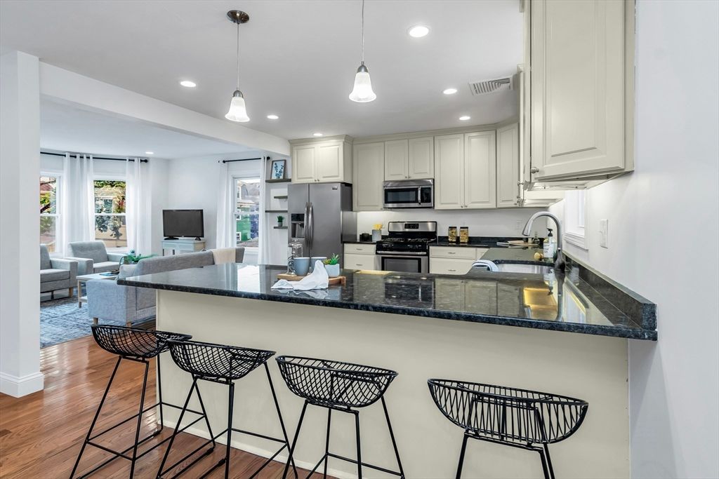 Interior, Kitchen, Pendant Lights, Recessed Lighting, Stainless Steel Appliances, Wood Texture Flooring