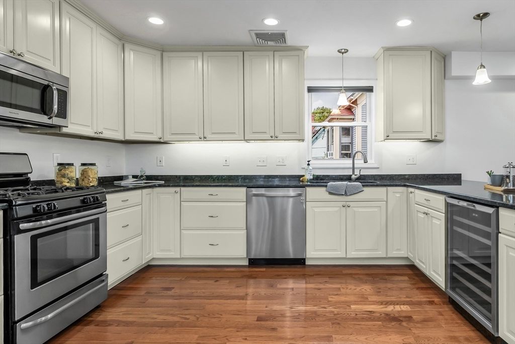 Interior, Kitchen, Pendant Lights, Recessed Lighting, Stainless Steel Appliances, Wood Texture Flooring
