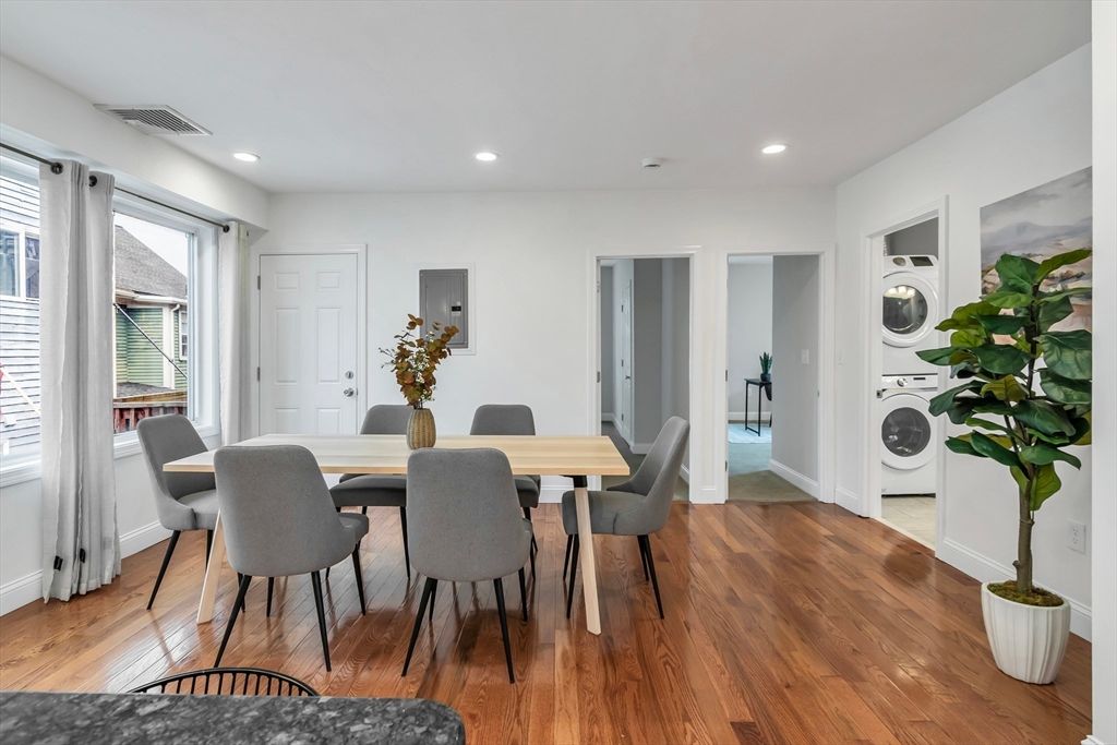 Dining room, Interior, Recessed Lighting, Utility Closets, Washer, Wood Texture Flooring