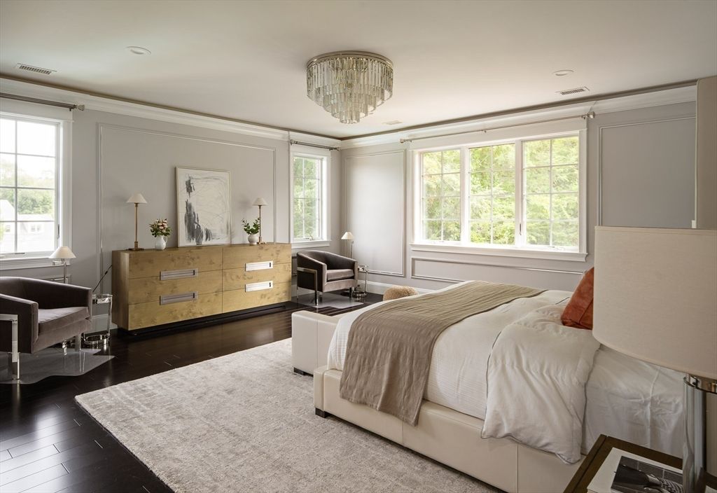 Bedroom, Chandelier, Interior, Recessed Lighting, Wood Texture Flooring