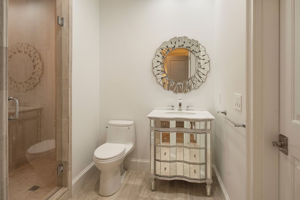 Bathroom, Glass Shower, Interior, Wood Texture Flooring